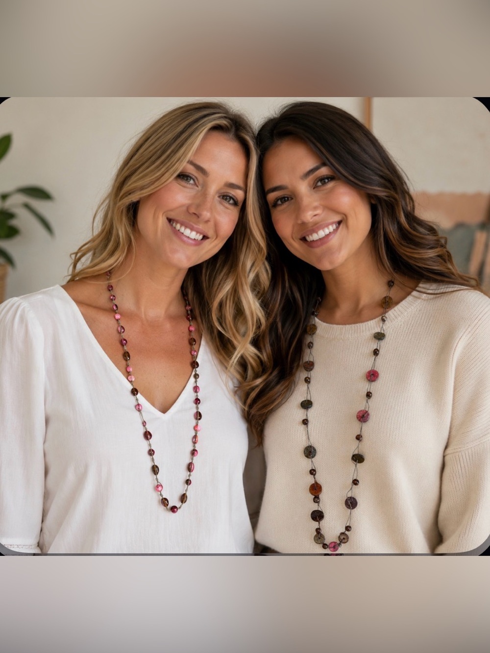 Pink and Brown Bead Necklace & Button multi colored style necklace: 2 pieces